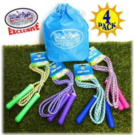 Deluxe Jump Ropes 7-Foot (7') Pink, Green, Purple & Blue Gift Set Party Bundle with Bonus Matty's Toy Stop Storage Bag - 4 Pack