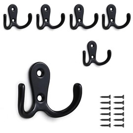 PAIDASHU 6-Pack Double Coat Hooks, Metal Hooks, Wall-Mounted Coat Hooks with Screws for Hanging Clothes, Hats, Towels, Keys, Kitchenware, for Living Room, Bedroom, Bathroom, Kitchen (Black)