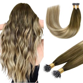 DOORES Nano Hair Extensions 14 Inch, Walnut Brown to Ash Brown and Bleach Blonde, 50s 50g Cold Fusion Ring