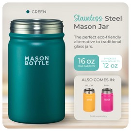 Mason Bottle 16oz Stainless Steel Mason Jar – BPA-Free Smoothie & Snack Cup for Kids (Lid Not Included) – Single-Wall, Compatible with Regular-Mouth Mason Jar Attachments (Green)