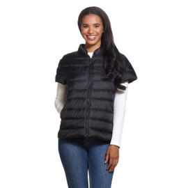 Martha Stewart Womens Puffy Down Vest, Lightweight Casual Short Sleeve Vest Jacket, Quilted Outerwear with Pockets, Black, Large