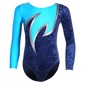 GymStern Java Special Long Sleeve Velvet Gymnastics Leotard Girls Children 116-176 Middle Sizes Dark Blue/Silver/Turquoise, blue, 140