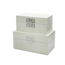Galt International Storage Box Set Decorative Storage Box w/Hinged Lid Classic Design Wood Decor Boxes with Geometric Clasp Storage for Bedroom & Home - Set of 2 (White & Silver)