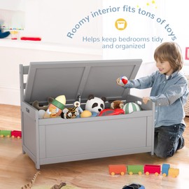 Curipeer Kids Toy Box Chest, Gray Rubber Wood Toy Box for Boys Girls, Large Storage Cabinet with Cushion Seat Bench/Flip-Top Lid/Safety Hinge, Toy Storage Organizer Trunk for Nursery, Playroom