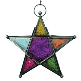 In the Breeze 9216 — Multi-Colored 5-Point Star Tealight Lantern — Moroccan-Style Boho Chic Glass and Metal Tealight Hanging Lantern
