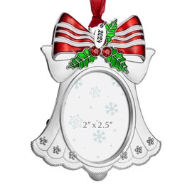 Christmas Tree Ornament - Decorative Hanging 2024 Holiday Keepsake Gift Bell Pendant with 2X2.5Inch Photo Frame Insert for Picture of Pet(Sliver)