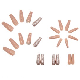 Bufenia Coffin Fake Nails Long French Ballerina Press on Nails Glitter Stick on Nails False Nails with Rhinestones Butterfly Designs Acrylic Nails 24Pcs for Women and Girls (C)