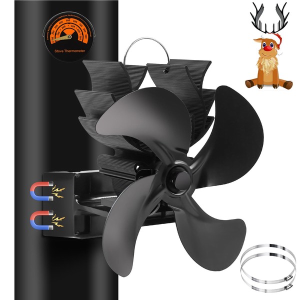 MaxEarn 4 Blades Stove Fan Magnetic, Log Burner Fan with Thermometer and Adjustable Clip, Heat Powered Fireplace Fan, Silent Chimney Fan, Hanging Flue Pipe Fan Wood Burner Fan