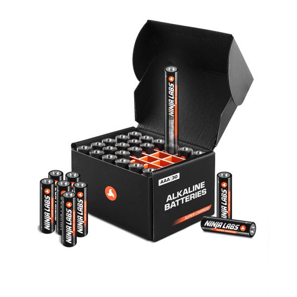Ninja Labs: 30 pilas alcalinas supercargadas (increíblemente de larga duración) + caja organizadora, triple A