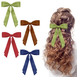 4 Hair Bows Silky Satin Bows for Women French Bow Solid Color Hair Bands Bows for Women and Girls (Navy/Red/Green/Brown)