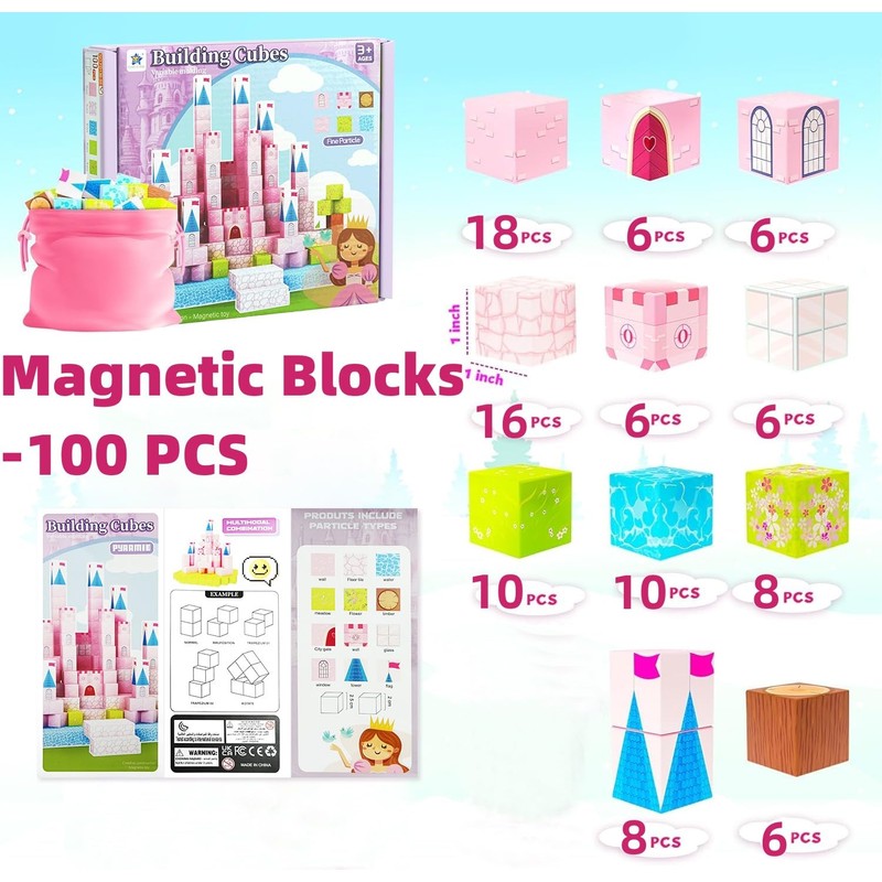 Magnetic Blocks-100PCS Magnetic Blocks Princess Toys,Build Mine Magnet World,STEM Sensory