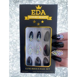 EDA LUXURY BEAUTY BLACK 3D LUXE JEWEL DESIGN Full Cover Press On Nails Acrylic Nail Kit Artificial Nail Tips False Nails Extra Long Oval Round Pointed Almond Stiletto Nail Art Fashion Fake Nails