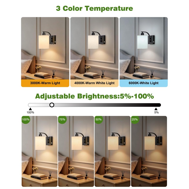 Powfloven Rechargeable Wall Sconces Set of 2, 12000mAh Black Dimmable