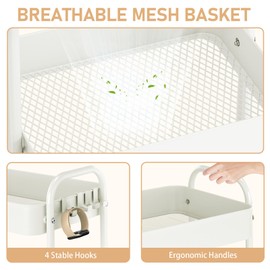 TOOLF Metal Utility Cart, 3 Tier Rolling Cart wth 4 Hooks Storage Cart on Wheels Craft Organizer with Handle for Organizer Storage for Classroom Office Dorm Home Pearl White