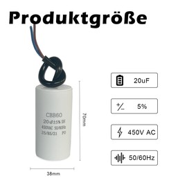 CBB60 450V 20uf 50/60HZ Starting Capacitor, Motor Operating Capacitor, Motor Capacitor, Suppression Capacitor, ANGEEK Engine Start Capacitor, Microfarad Capacitor with Wire