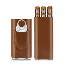 CIGARLOONG 3-Finger Leather Cigar Case Set,Portable Cedar Wood Lining Cigar Case with Stainless Steel Cigar Cutter,Great Gift Kit (Brown)