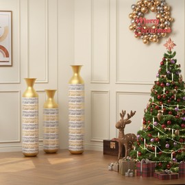 TREATLIFE HOME Elegant Oversized Flower Vase Set for Home Decor, Handmade Metal Design for Dried Flowers, Vintage Gold Finish, Set of 3