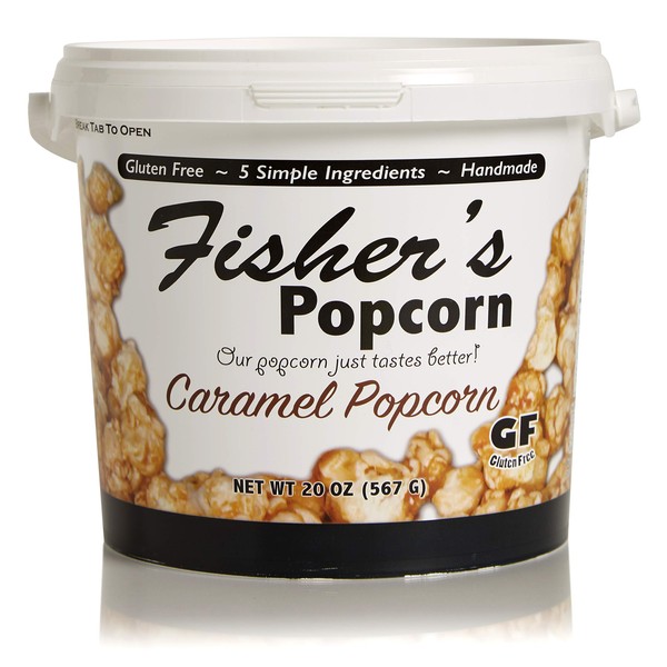 Fisher's Popcorn Caramel Popcorn, Gluten Free, 5 Simple Ingredients, Handmade, No Preservatives, No High Fructose Corn Syrup, Zero Trans Fat, 20oz Tub