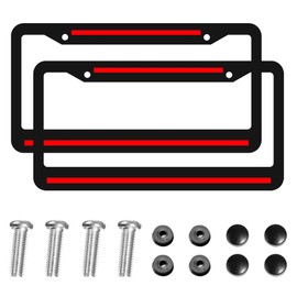 2 Pack Thin Red Line License Plate Frames - Black Thin Red Lines Aluminum Holder Cover with Stainless Steel Screws Caps License Plate Frame Fits All License Plates in Canada. (Two red Lines)