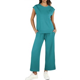 PINSPARK Two Piece Outfits for Women Cap Sleeves Matching Sets Elastic Drawstring Wide Leg Pants with Pockets, Green Jade M