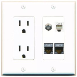 Wall Plate City 2 CAT7 COAX PHONE Port Wall Plate w/Power Outlet White