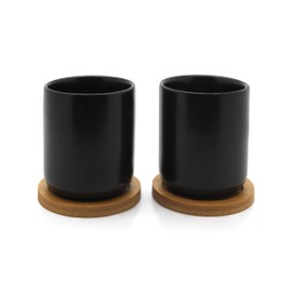 Bredemeijer Black Ceramic Tea Mugs with Wooden Coaster Set of 2