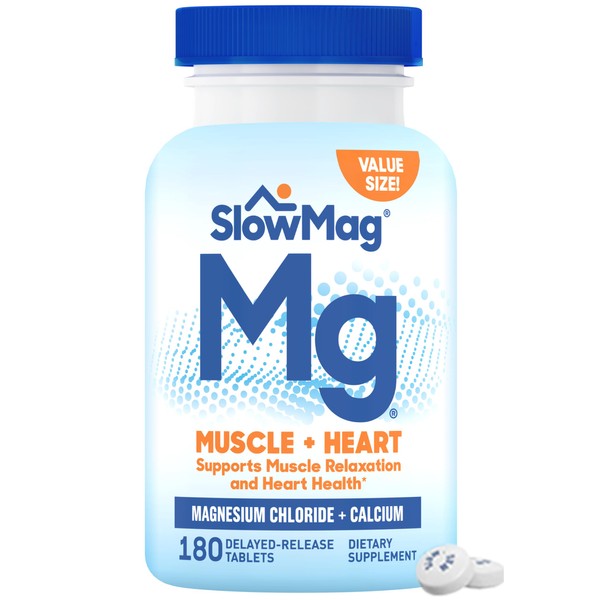 SlowMag Muscle + Heart Magnesium Chloride with Calcium Supplement to Support Muscle Relaxation, Occasional Muscle Cramping & Heart Health, High Absorption, 180 Count