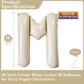 Cream White Letter M Balloons, 40 Inch Giant Letter Balloons M Foil Mylar Helium White Letter Balloons for Birthday Party Supplies Anniversary Event Celebration Decorations Alphabet White M