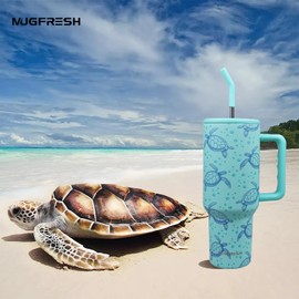 MugFresh - Vaso de tortuga marina, regalo para mujer, 40 onzas, con asa y soporte para tazas, con aislamiento, botella de agua de acero inoxidable