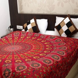 Bless International Indian hippie Bohemian Psychedelic Peacock Mandala Wall hanging Bedding Tapestry (Golden Red, Queen (84x90Inches)(215x230Cms))