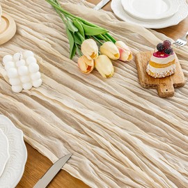 HOMEBROS Cheesecloth Table Runner, Boho Rustic, Sheer Wrinkled Cloth Runner Decor, 10 Ft, Beige, 1 Pcs