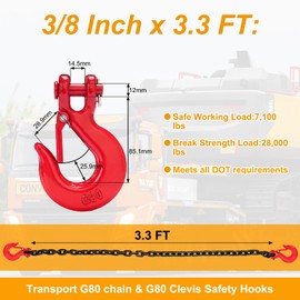 Lechansen G80 Trailer Safety Chain 39inch, 2 Pack Grade 80 Tow Hooks with 4pcs 3/8" Clevis Snap Hook, 7100 lbs Working Safe Load Heavy Duty Chain with G80 Clevis Safety Hook for Towing
