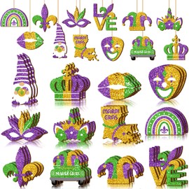 Yalikop Mardi Gras Ornaments Mardi Gras Tree Decorations Glitter Hanging Ornaments for Tree Gold Yellow Green Gnome Crown Mask Ornament Carnival Holiday Party Favors