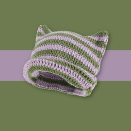 HINGTAT Women's Cat Beanie Crochet Hats with Ears Knitted Striped Winter Warm Slouchy Elastic Cap for Girls Adults Kids Purple Green