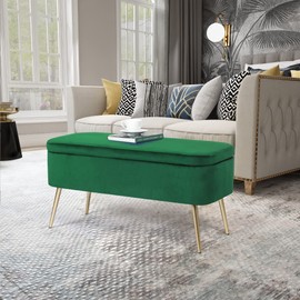 Joveco Upholstered Velvet Storage Bench, Modern Storage Ottoman with Golden Metal Legs, Padded Seat Footrest Coffee Table for Entryway Living Room Bedroom Window (Green)