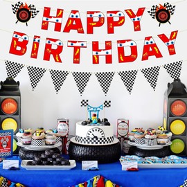 Tzfunmi Pre-Strung Cars Birthday Decorations, NO DIY Racing Car Happy Birthday Banner with Checkered Flag Banner, Race Car Themed Party Supplies