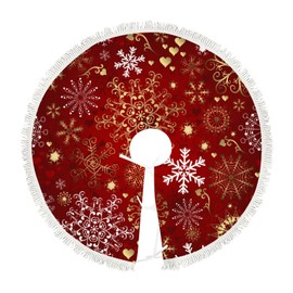 48 Inch Christmas Tree Skirt Gold Red Snowflakes Christmas,Large Tree Skirt for Christmas Holiday Party Decoration,Rustic Tree Skirts Mat Home Indoor Outdoor Ornaments