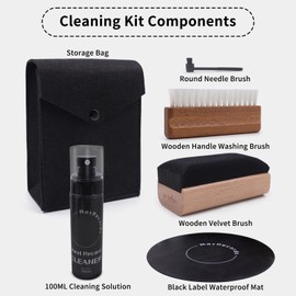 MayRecords Vinyl Record Cleaning Kit, 5-in-1 Nylon Microfiber Brush, 100ml Cleaning Fluid, Wooden Velvet Brush, Black Label Waterproof Protector Mat and Round Player Needle Cleaning Brush
