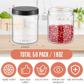 Mifoci 50 Pcs Clear Plastic Jars Containers 16 oz Reusable Empty Storage Jars with Lid Storage Jars Containers Cylinder Round Jars for Kitchen Spices Dry Food Body Butter, Black and Brown