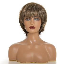 CGVG Short Straight Golden Brown Wig Women's Layered Short Hair Wig Natural Synthetic Short Hair with Fringe for Women Everyday Life Party
