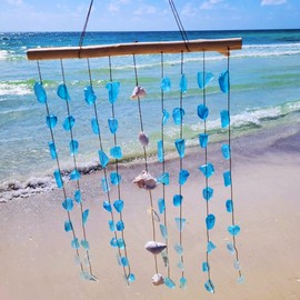 Starfish Seashell & Sea Glass Hanging Wall Art - Handcrafted w/Natural Seashells, Blue Sea Glass Art, Driftwood Hanger, Ocean Coastal Wall Decor (Large Sea Glass Decor)