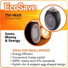 Cozy Products ESH Eco-Save Compact Personal Space Heater - 750-Watts, ETL Listed, Eco-Friendly, Energy Efficient Design, 11 x 7.5 Inches, 5 lbs.,Black