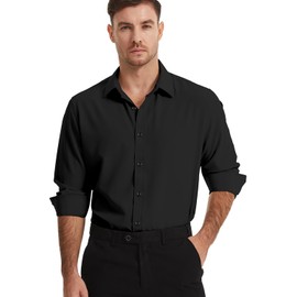 Demofair Mens Dress Shirts Four-Way Stretch Wrinkle Resistence Long Sleeve Button Down for Casual Solid Business Formal Regular Fit (Black,XX-Large)