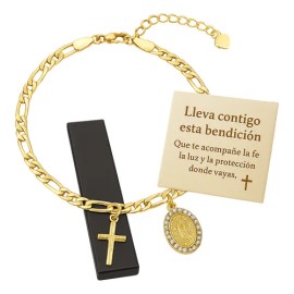 Pulsera Virgen De Guadalupe Chapada En Oro De 18k 20cm Para Mujer Joyería Religiosa Con Dije De Cruz Y Medalla Con Zirconias Amuleto De Fe, Protección Y Devoción Espiritual Elegante - con caja