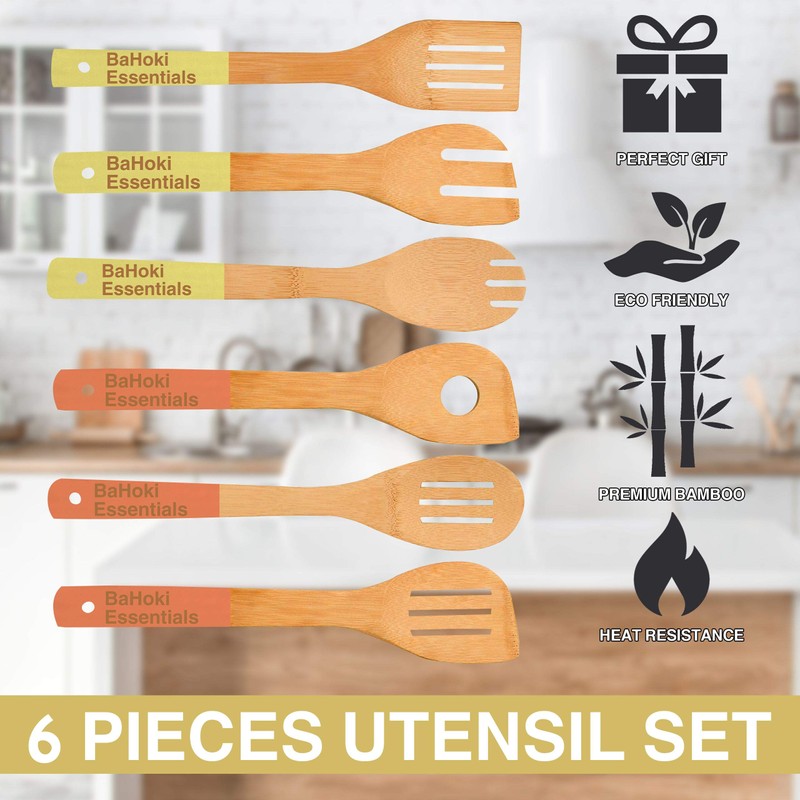 BaHoki Essentials Bamboo Cooking Utensils - Assorted Natural Cooking Wooden