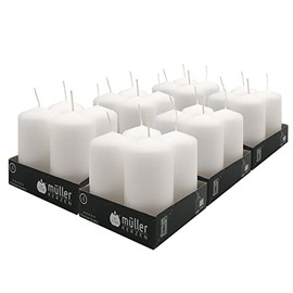 Müller Small Pillar Candle - Pack of 24 Unscented White Candles - 1.89 x 3.54 Inch - 16 Hours Burn Time Candles for Decoration - No Drip Wax - Smokeless Wick - RAL Quality - Made in Germany
