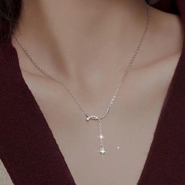 Inateannal Boho CZ Y Drop Necklace Silver Small Crystal Lariat Necklace Tiny Rhinestone Drop Pendant Necklace Thin Chain Necklace Choker Horizontal Bar Necklace Jewellery for Women Girls, Zinc, No