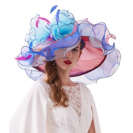 TLMNU Women Derby Church Hat Organza Flower Wedding Tea Party Fascinator Hat Wide Brim Sun Hat 01SkyBlue