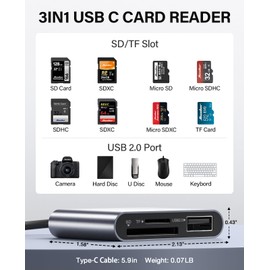 HICOBER 3-in-1 USB-C SD Card Reader, Supports 2TB SD/TF Cards with USB 2.0 Port, Compatible for USB-C Phones, Tablets, Laptops & iPhone 15,16,17, Portable Memory Card Reader for Photo/Video Transfer