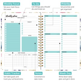 Undated Weekly Planner, Weekly To Do List Notebook with Goal & Habit Tracker Organizer, A5 Weekly Planner Notebook with Spiral Binding, 6.1" x 8.2" - Floral